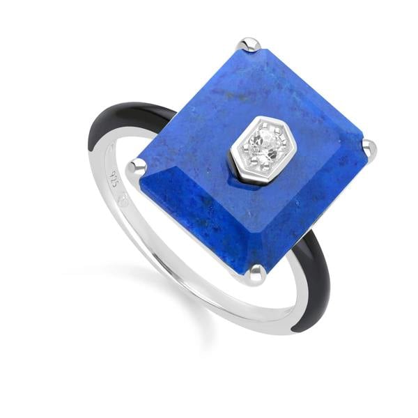 Gemondo Grand Deco Black Enamel, Lapis Lazuli & Colourless Topaz Ring in Sterling Silver
