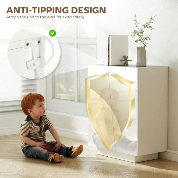 White high-gloss cabinet with anti-tip wall bracket and side locking hardware