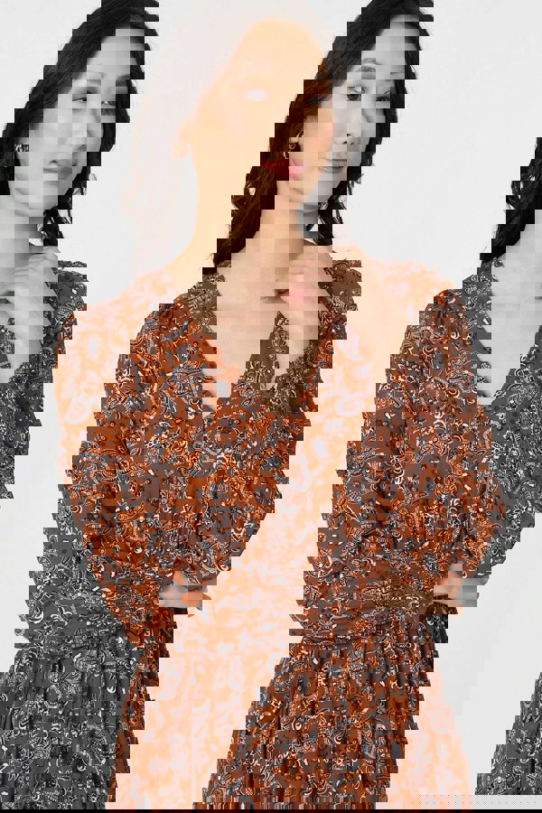 Rust | Paisley Shirred Lace Trim Maxi Dress
