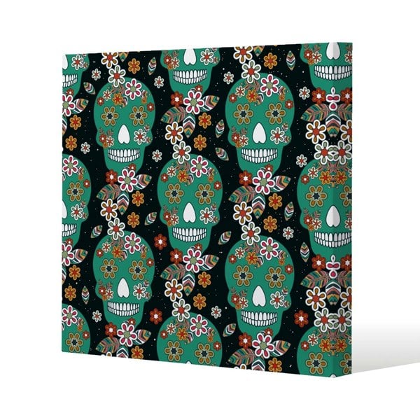 Benjamin Tate Design Embroidery colorful simplified ethnic flowers and skull pattern Slim Style Canvas Print  40x40cm , 15mm Slim Real wood.