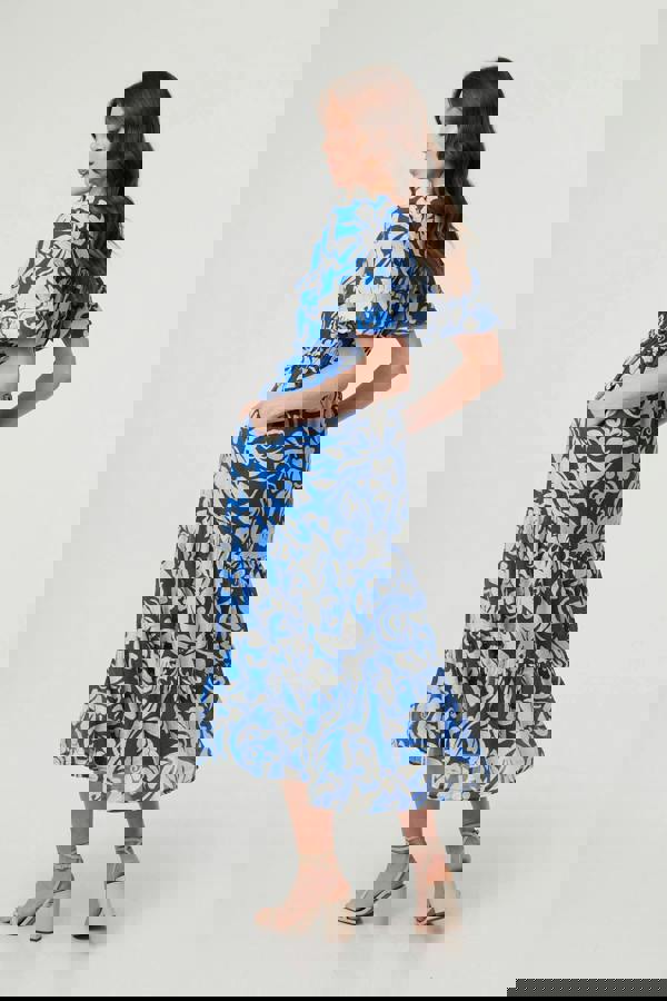 Blue | Floral Puff Sleeve Tiered Midi Dress