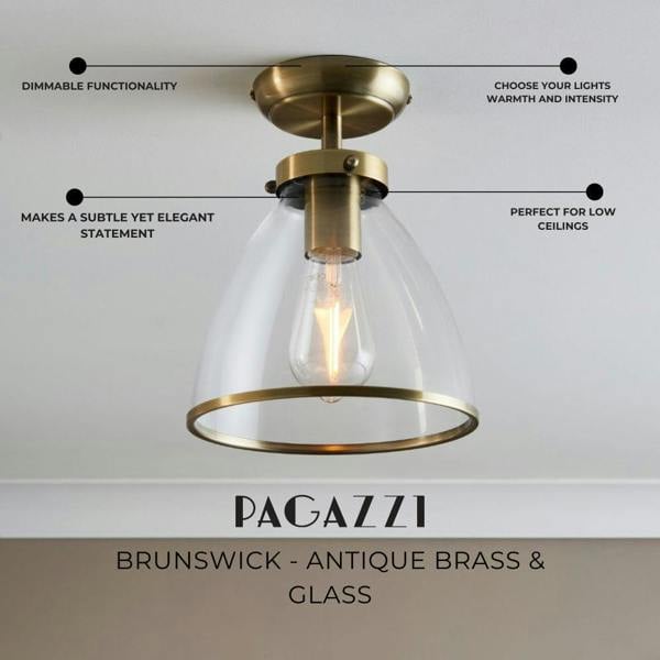 Pagazzi Lighting Brunswick Antique Brass & Glass Flush Ceiling Light
