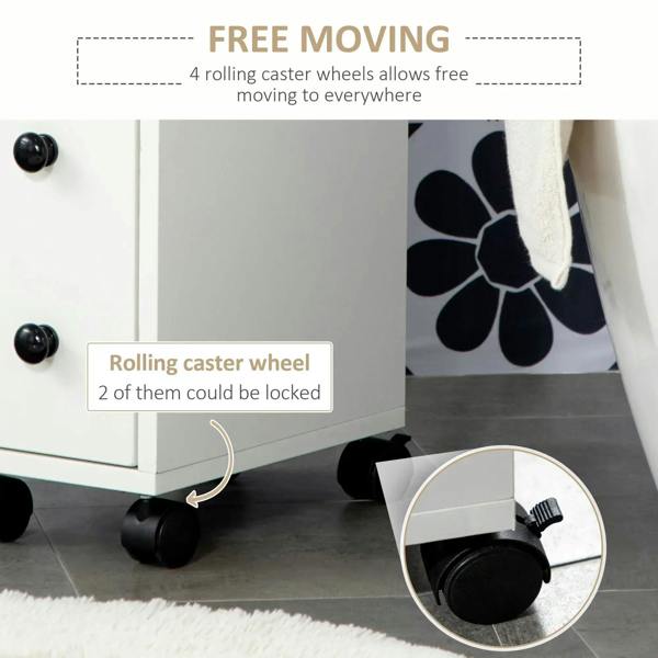 White slim bathroom storage cabinet with caster wheels, including a lockable caster