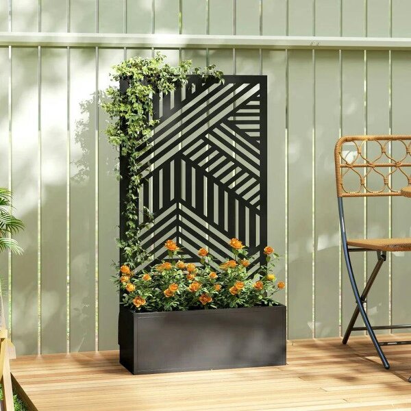 Metal Garden Bed for Garden with Trellis, Raised Garden Bed with Privacy Screen, Geometric Slatted Cut-Out - Black
