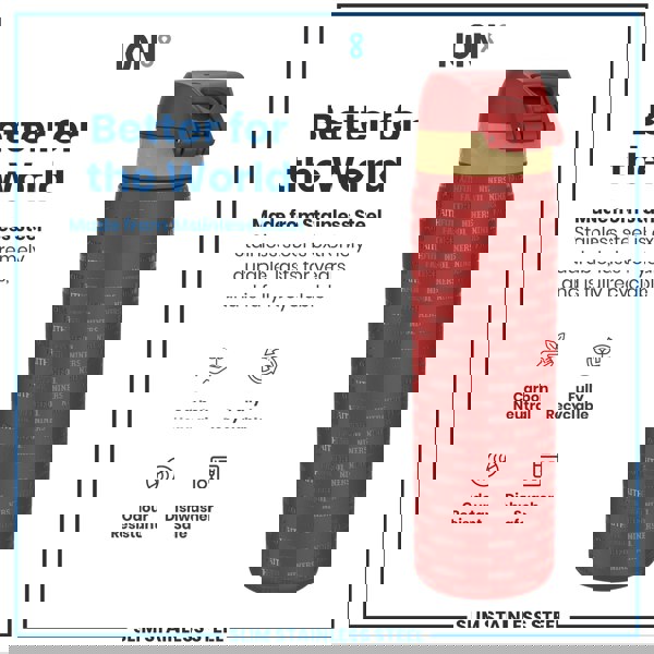 A red and beige stainless steel water bottle, standing upright, displays the words "Faithful Niners" repeatedly. It is presented against a white background with text promoting its durability and recyclability.