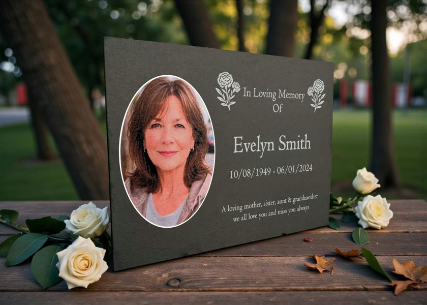 Memorials Direct Photo Slate Memorial Plaque,  Carnation, Add a Portrait & Personalised Text | 35×25cm (14×10”)