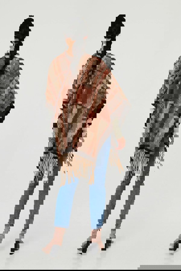 Beige | Checked Tassel Fringed Relaxed Poncho
