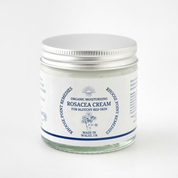 Jar of Rosacea Cream with a white label on a white background