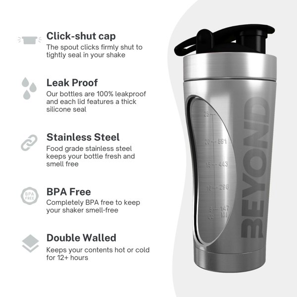 Beyond Shakers 735ml Stainless Steel Protein Shaker Bottle - Brushed Steel Clear Lacquered