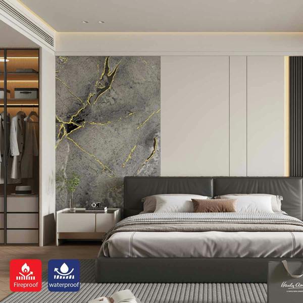 Britwall High-Gloss PET Charcoal Panel with Gilded Gray Marble Design Size:1220 x 2440 x 8 mm (Pack of 2)