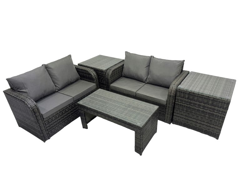 Fimous 3 Seater Sofa Reclining Chair Coffee Table Set Rattan Garden Outdoor Furniture Set with 2 Side Tables Dark Grey Mixed