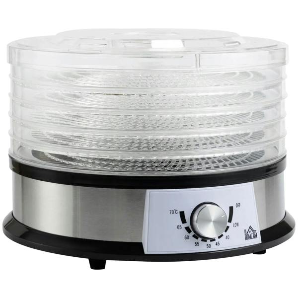 5-tray food dehydrator with clear lid, stainless base, and front temperature control dial