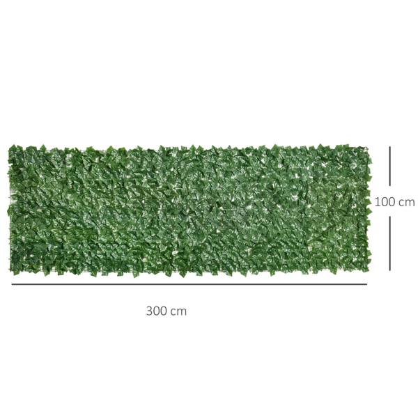 Dark green artificial leaf hedge privacy fence panel, 300 x 100 cm dimensions