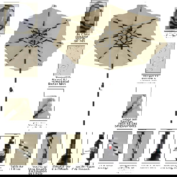 Beige 3m Patio Garden Parasol Sun Umbrella Sunshade Canopy With Solar LED Lights Parasols & Rain Umbrellas Living and Home