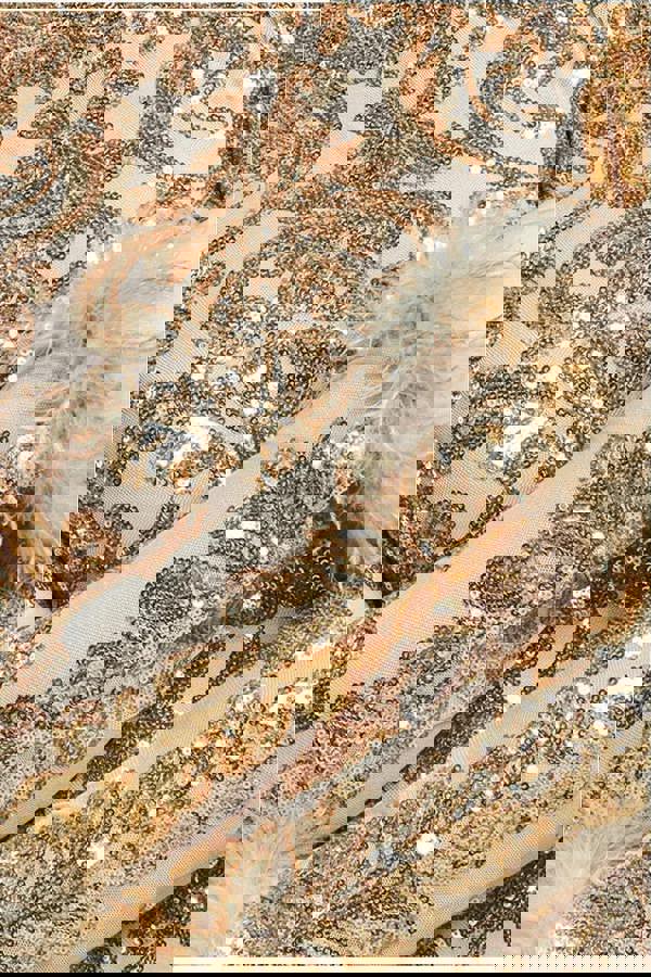 Sequin High Neck Feather Cuff Maxi Dress - Gold DR3984