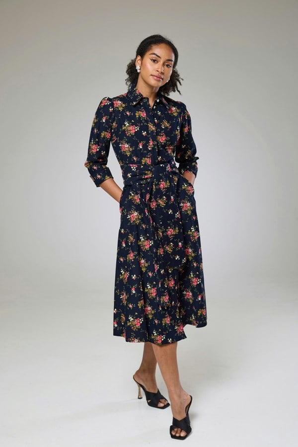 Isha's Timeless collection Navy Flora Cord Long Sleeve Dress