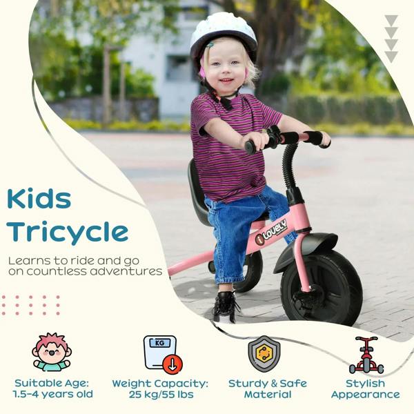 Pink kids tricycle with black seat and handlebars, child riding outdoors