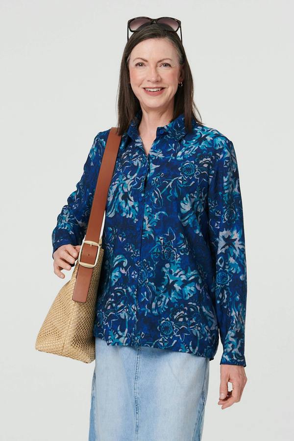 Navy | Floral Long Sleeve Collared Shirt