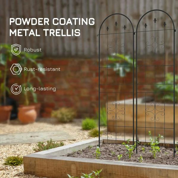 Powder-coated black metal arched trellis set with scroll panels in a garden