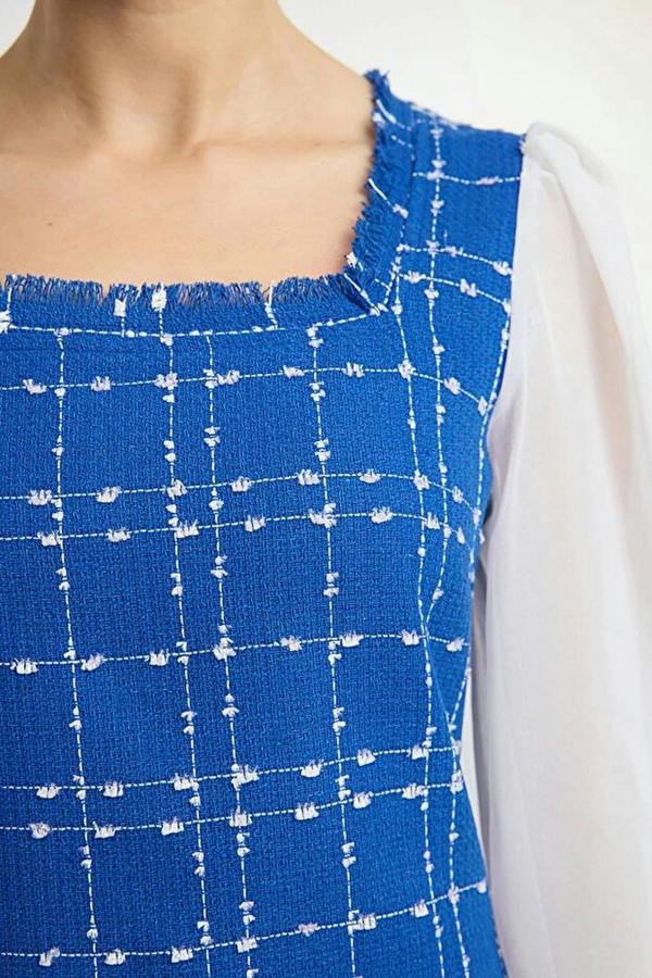 WOVCOR Tweed Argyle A-Line Mini Woven Dress with Chiffon Sleeve Detail