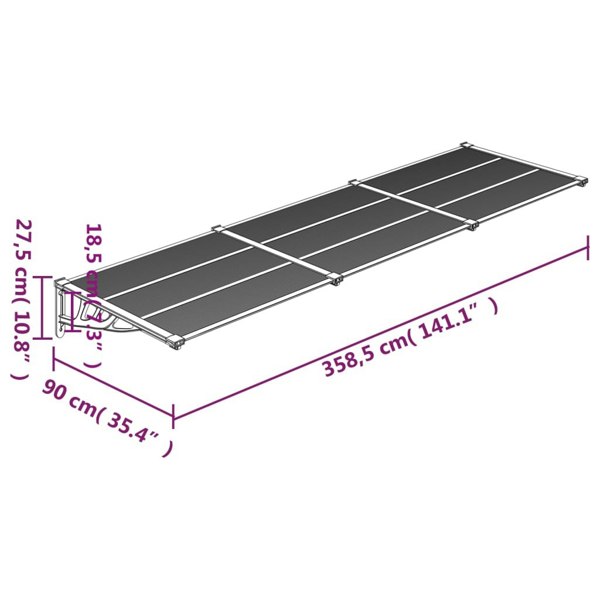 Berkfield Door Canopy Black 358.5x90 cm Polycarbonate