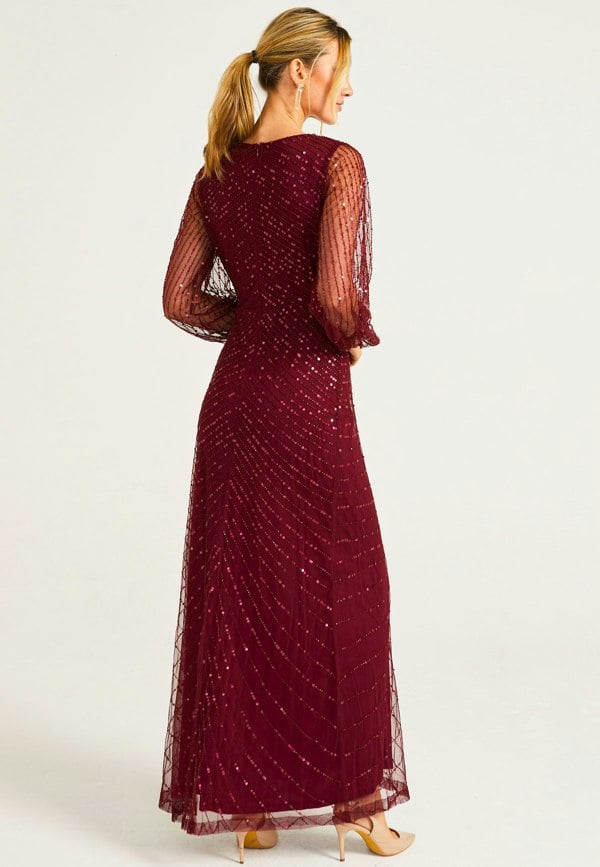 Embellished Long Mesh Sleeve Maxi Dress in Burgundy - ANGELEYE
