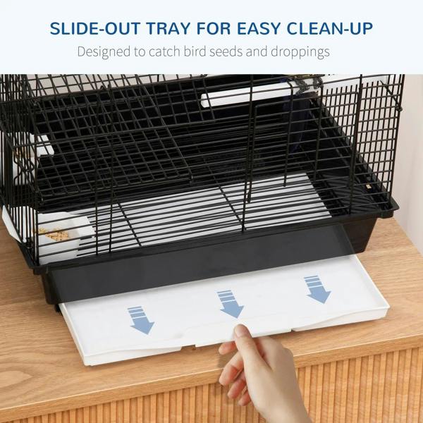 Black metal bird cage with slide-out bottom tray for easy cleaning