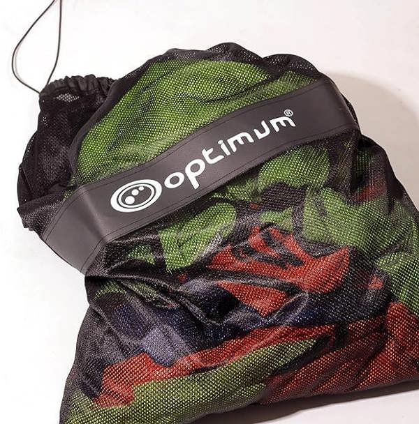 Black mesh Optimum bib bag with white logo band, packed with green and red bibs and drawstring - Optimum