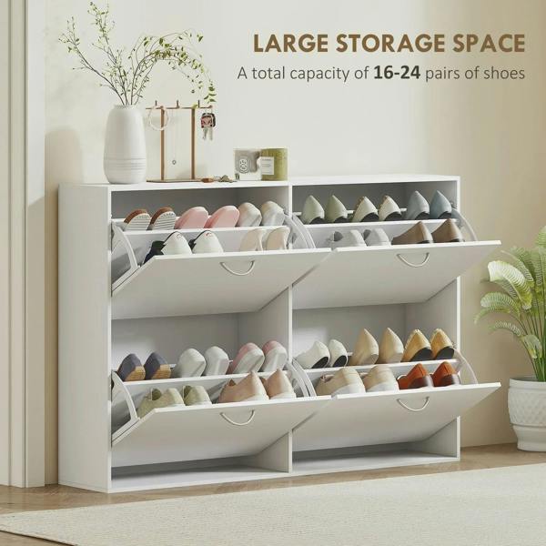 White shoe cabinet with multiple open pull-down shelves for storing many pairs