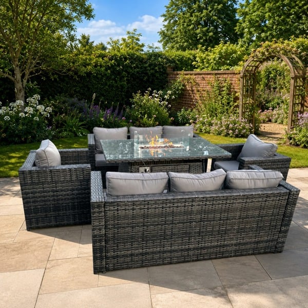 Fimous 8 Seater Rattan Outdoor Lounge & Dining Set with Gas Fire Pit Table, 2 Sofas & 2 Chairs - Dark Grey