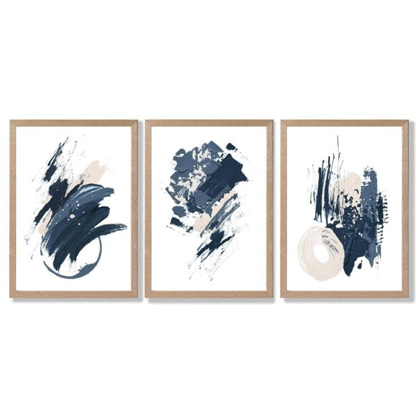 Abstract Set of 3 Minimal Blue Oil Painting Framed Art Prints with Light Oak Frames