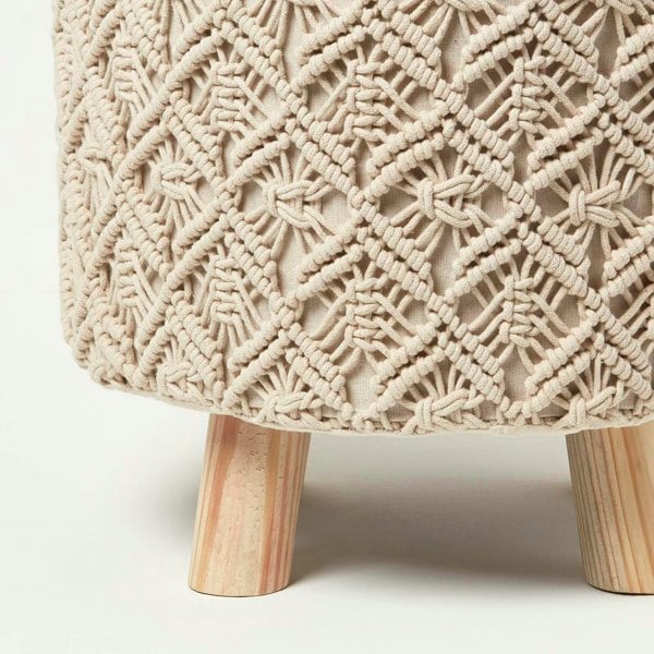 HOMESCAPES Indy Macrame Storage Footstool - 43 cm Tall