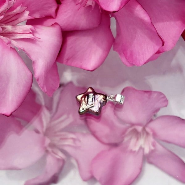 Star pearl pendant with sterling silver features by LENAE London. Pink Charm.
