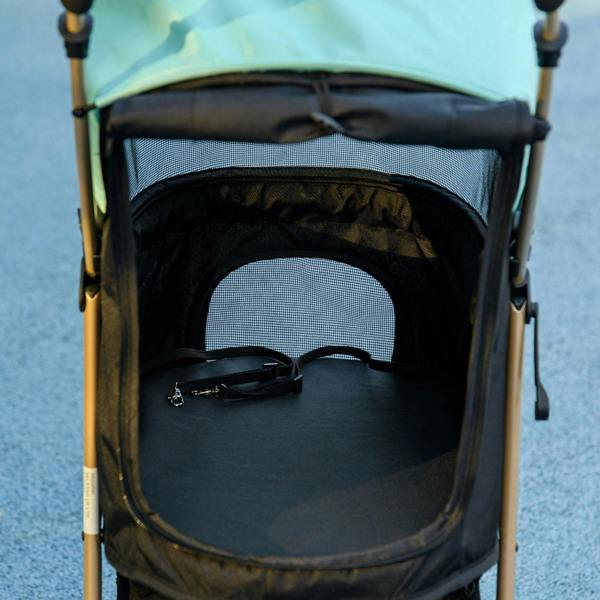 Front view of green-and-black pet stroller with mesh window and safety straps