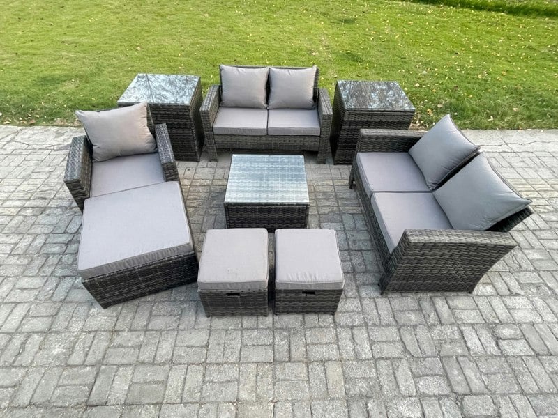 Fimous 8 Seater Outdoor Rattan Garden Furniture Set Conservatory Patio Sofa Coffee Table Set with Chair 2 Side Tables 3 Footstools Dark Grey Mixed