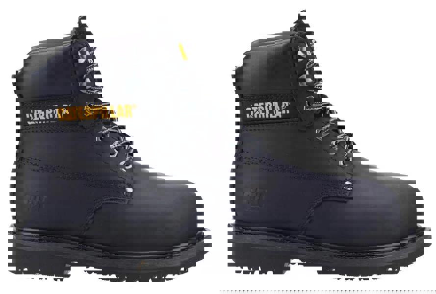 Caterpillar PowerPlant Mens SB Safety Classic Steel Toe Work Boots, black steel toe work boot with yellow logo, lace-up design, durable leather upper, and rugged slip-resistant sole.