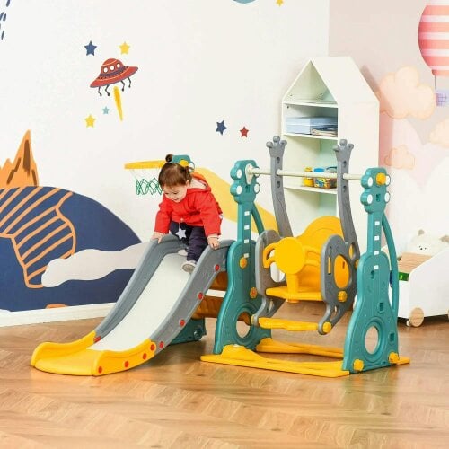 Bobobiy 3-in-1 Kids Swing and Slide Set with Basketball Hoop, Adjustable Swing Seat Height, Indoor & Outdoor Toddler Playground