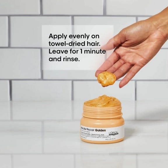 L'Oreal Absolut Repair Golden mask for fine, damaged hair is infused with gold quinoa and protein.