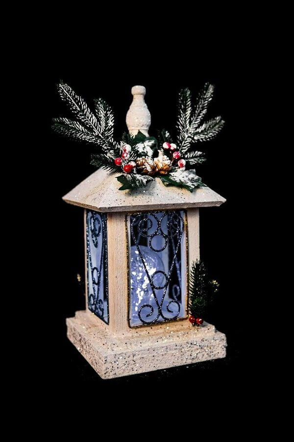 Shatchi 32cm White LED Wooden Lantern Standing Christmas Decoration with Snow-Covered Finish