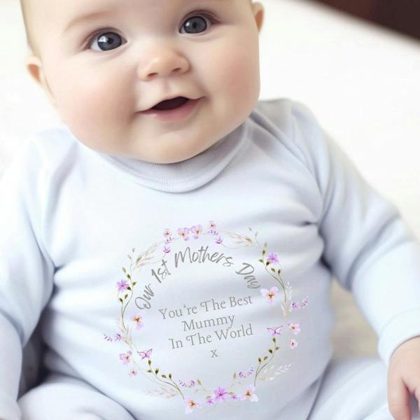 Personalised 1st Mothers Day Floral Babygrow | Name Vest or Bib UK