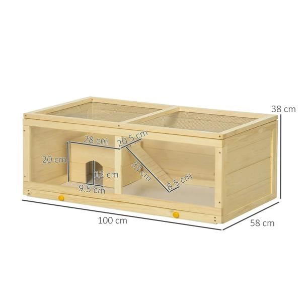 Natural wood hamster cage with hut and ramp, openable top, and mesh ventilation
