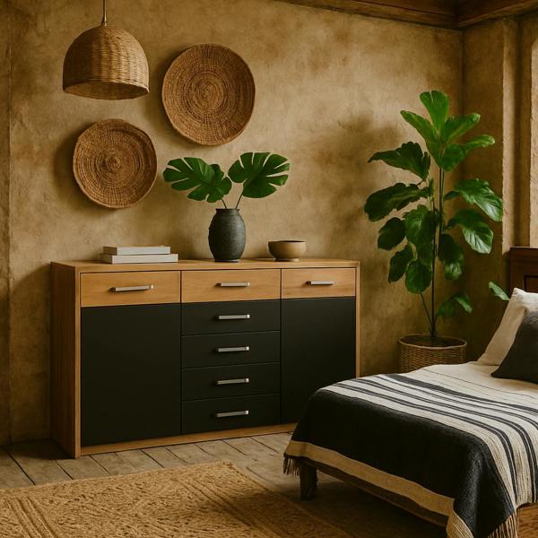 Wyld Haus Dunedin Black and Natural Oak Effect Wide Cupboard 2 Door 5 Drawers