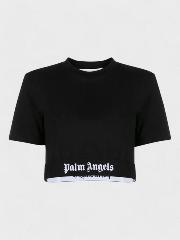 Palm Angels Logo Tape Cropped Tee Black White - Supplied FashionPalm Angels