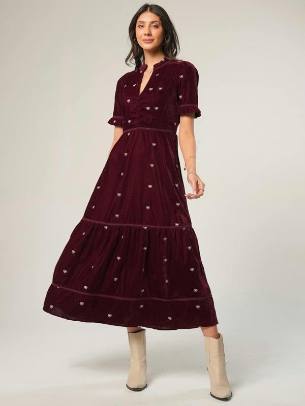 Rose & Nancy Sara Burgundy Heart Embroidered Velvet Dress