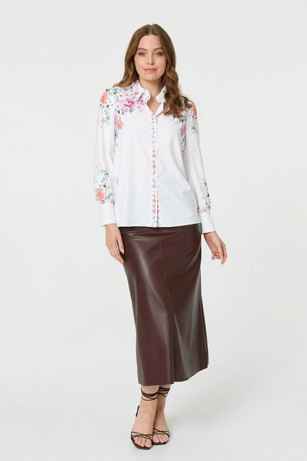 White | Floral Border Print Long Sleeve Shirt
