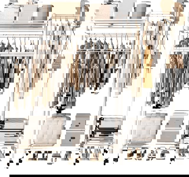 Modcraft Heavy Duty Metal Clothes Rail Rack with Double Hanging Rods, Storage Shelves & Wheels – White