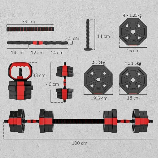 6-in-1 Adjustable Dumbbell Set, 20kg, Kettlebell, Barbell & Push-Up Stand, Red