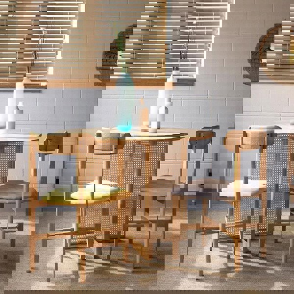 Detail view of Bruce Rattan Dining Table, Light Oak, Round with 6 seater dining room table