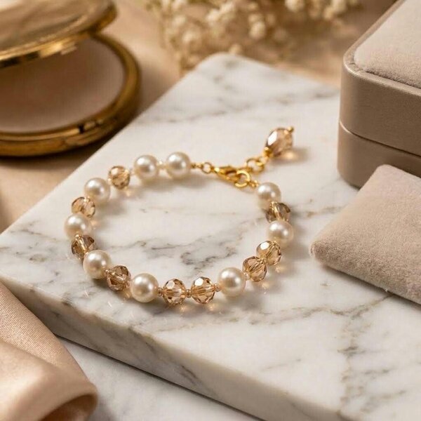 The Colourful Aura Pearl and Champagne Crystal Beaded Bracelet in 18ct Gold Plate