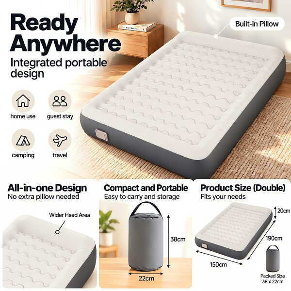 Lavio Inflatable Mattress TPU Airbed Rechargeable Pump Camp Bed Grey
